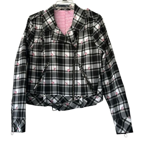 BlackMilk Tartan Heart Moto Jack Women's Size 12 Black Pink Plaid Biker NEW - Picture 1 of 16